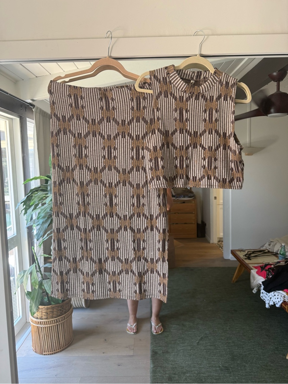 Anthropologie Beige and purple Patterned Sleeveless Crop Top & Midi Skirt Set